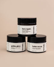 all three balms and products in a photo - Australian small-batch skincare handcrafted by Bare Balm