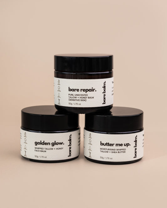 all three balms and products in a photo - Australian small-batch skincare handcrafted by Bare Balm
