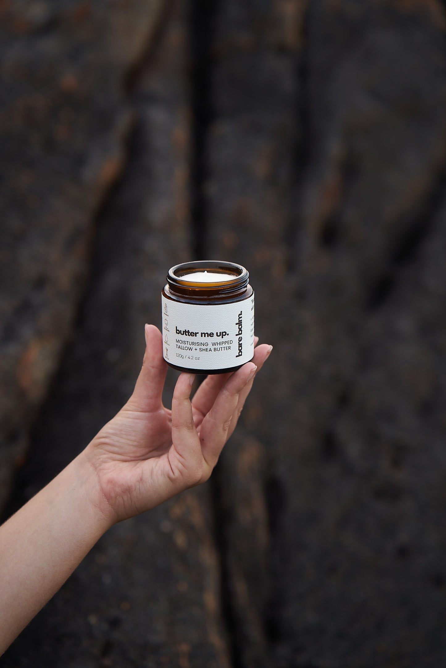 Whipped tallow body butter texture – grass-fed tallow and shea butter melting into skin