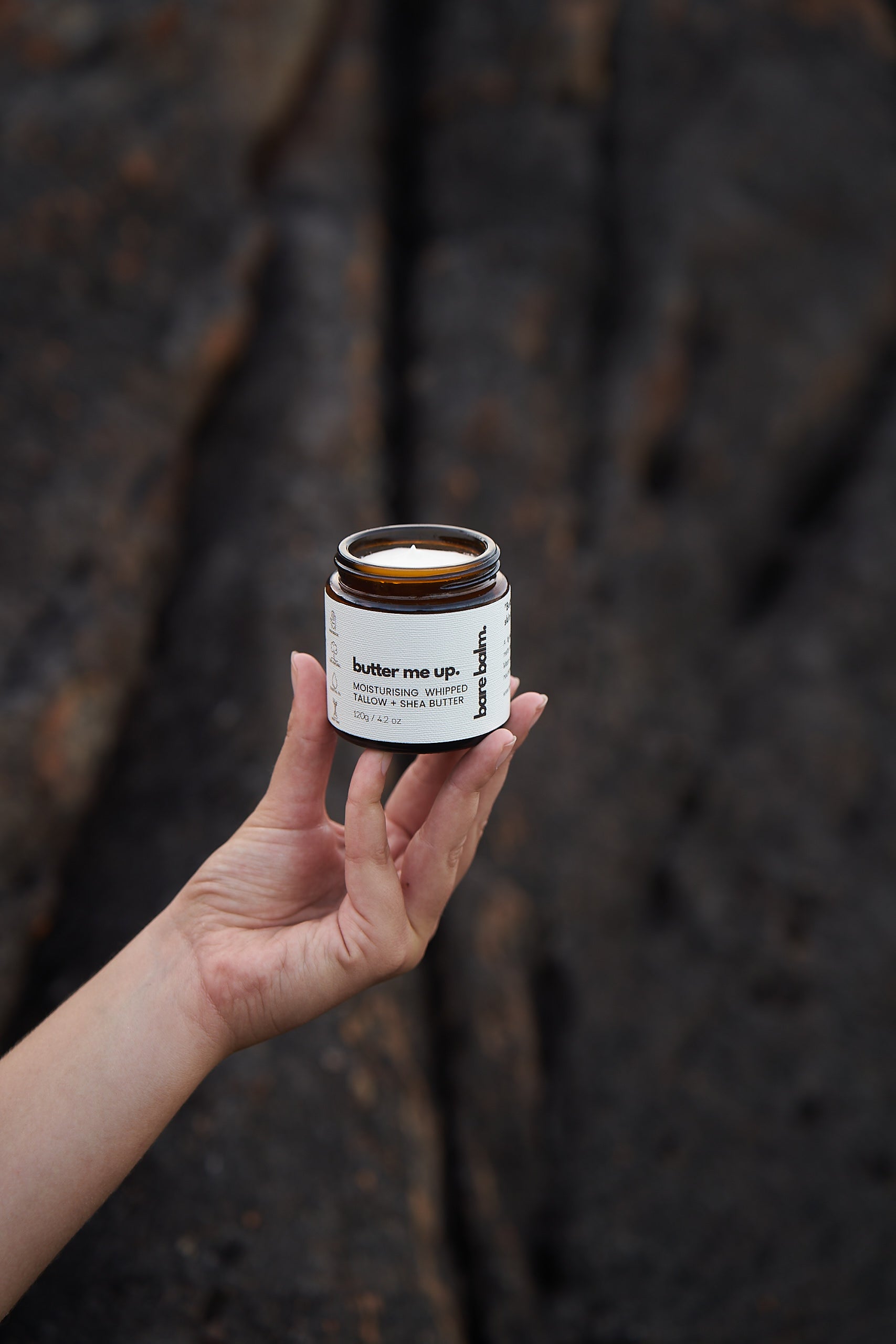 Whipped tallow body butter texture – grass-fed tallow and shea butter melting into skin