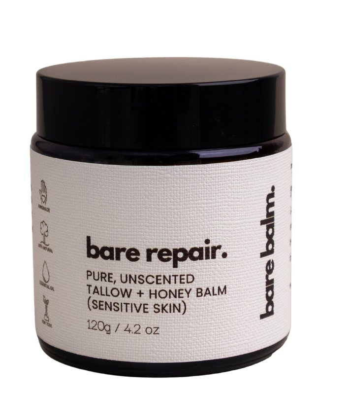 Jar of 'bare repair' balm with a hand holding another jar, on a white background
